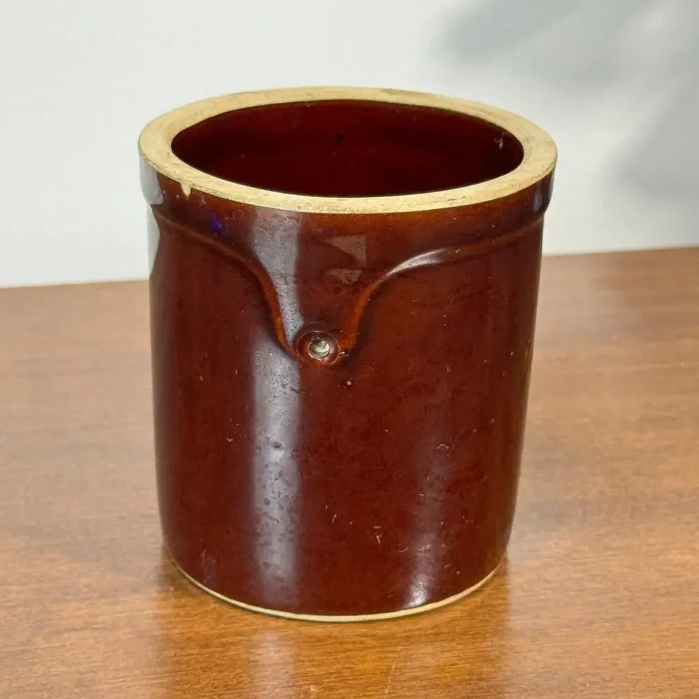 Antique Brown Albany Slip Stoneware Butter Crock Primitive Kitchen Pottery 4